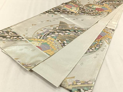 平和屋着物◎六通柄袋帯　檜扇花文　金銀糸　正絹　逸品　CABJ6192yk