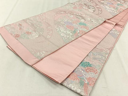 平和屋着物◎西陣　六通柄袋帯　唐織　休み鳥花文　銀糸　証紙付き　正絹　逸品　未使用　CABJ6199yk