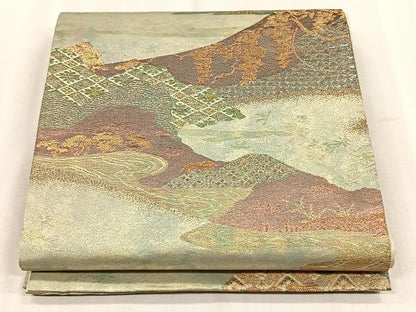 平和屋着物◎六通柄袋帯　遠山流水草木文　金糸　正絹　逸品　CABJ6205yk