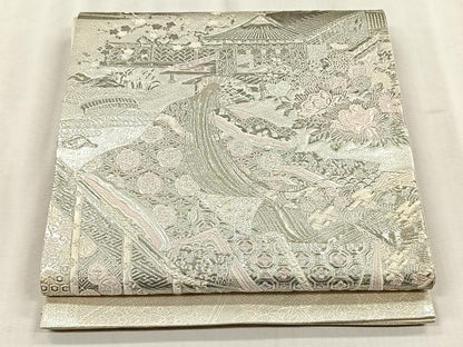 平和屋着物◎太鼓柄袋帯　薫香几帳式部図　銀糸　正絹　逸品　CABJ6208yk