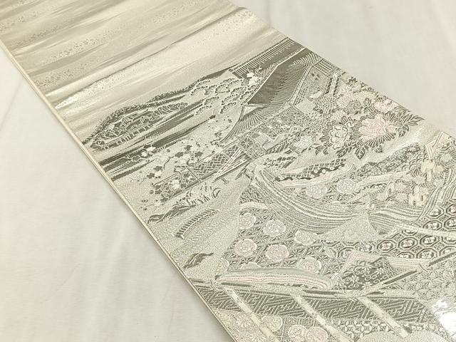 平和屋着物◎太鼓柄袋帯　薫香几帳式部図　銀糸　正絹　逸品　CABJ6208yk