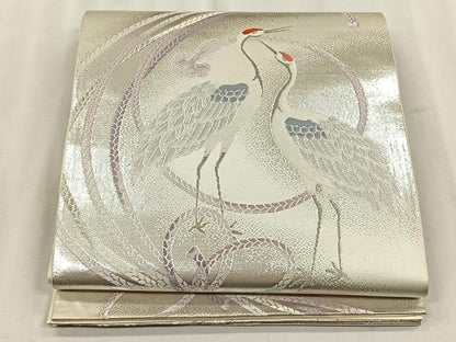 平和屋着物◎六通柄袋帯　結び紐鶴文　銀糸　正絹　逸品　CABJ6209yk