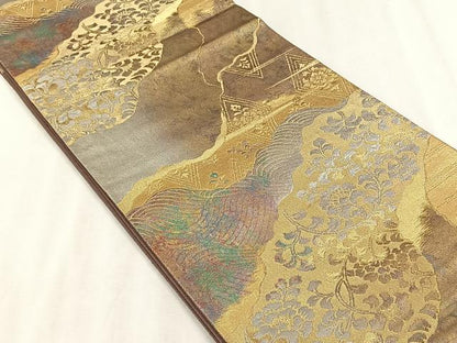 平和屋着物◎六通柄袋帯　流水花唐草文　金銀糸　正絹　逸品　CABJ6213yk