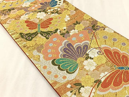 平和屋着物◎六通柄袋帯　唐織　舞蝶桜散らし　金銀糸　正絹　逸品　CABJ6219yk