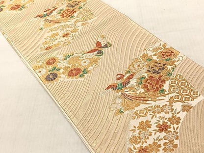 平和屋着物◎六通柄袋帯　地紙鳳凰花文　金糸　正絹　逸品　CABJ6235yk