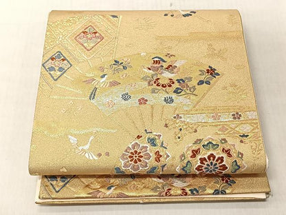 平和屋着物◎六通柄袋帯　扇面花鳥文　金糸　正絹　逸品　CABJ6251yk