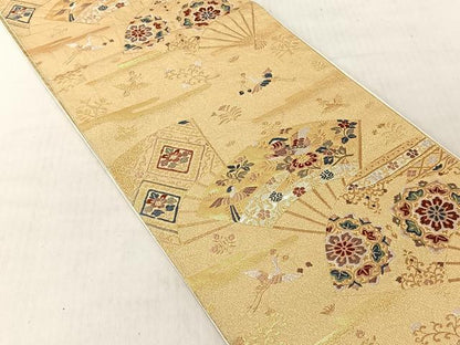 平和屋着物◎六通柄袋帯　扇面花鳥文　金糸　正絹　逸品　CABJ6251yk