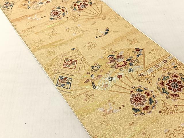 平和屋着物◎六通柄袋帯　扇面花鳥文　金糸　正絹　逸品　CABJ6251yk
