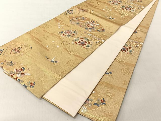 平和屋着物◎六通柄袋帯　扇面花鳥文　金糸　正絹　逸品　CABJ6251yk