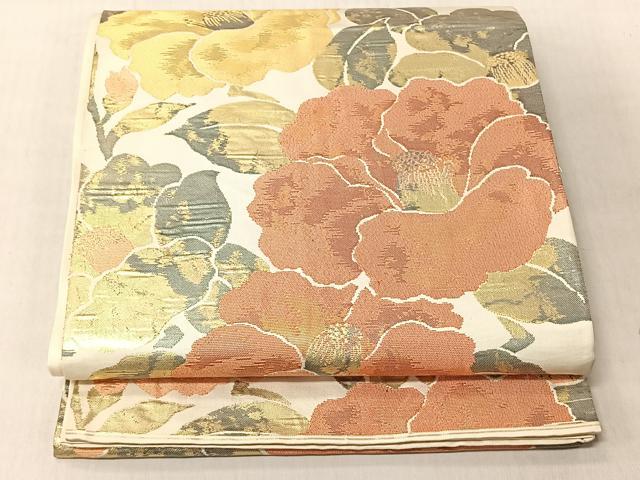 平和屋着物◎六通柄袋帯　ふくれ織　椿　金糸　正絹　逸品　CABJ6253yk