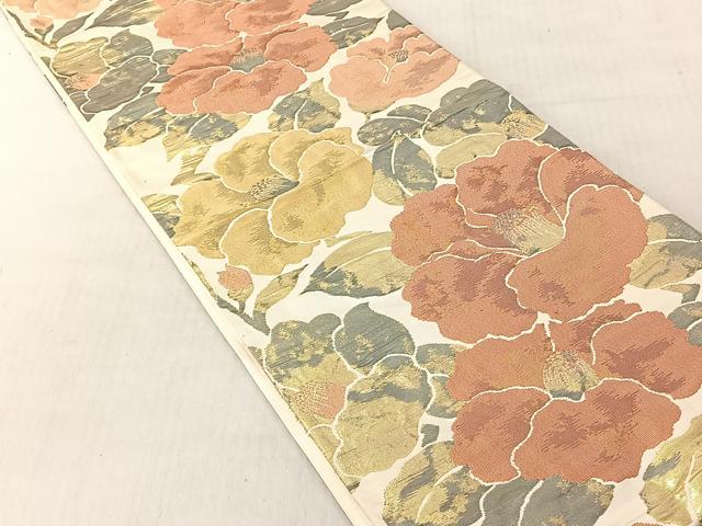 平和屋着物◎六通柄袋帯　ふくれ織　椿　金糸　正絹　逸品　CABJ6253yk