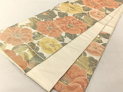 平和屋着物◎六通柄袋帯　ふくれ織　椿　金糸　正絹　逸品　CABJ6253yk