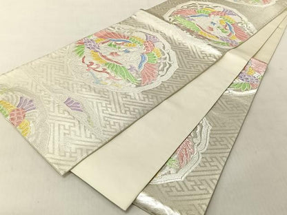 平和屋着物◎六通柄袋帯　向かい鳥唐草文　銀糸　正絹　逸品　CABJ6260yk