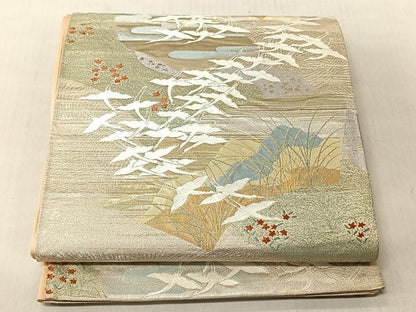 平和屋着物◎六通柄袋帯　唐織　地紙飛鶴草花文　金銀糸　正絹　逸品　CABJ6262yk