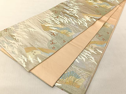 平和屋着物◎六通柄袋帯　唐織　地紙飛鶴草花文　金銀糸　正絹　逸品　CABJ6262yk