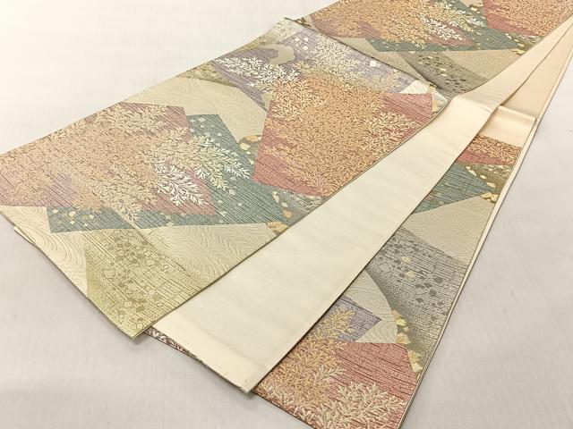 平和屋着物◎六通柄袋帯　色紙重ね枝葉文金銀糸　正絹　逸品　CABJ6268yk
