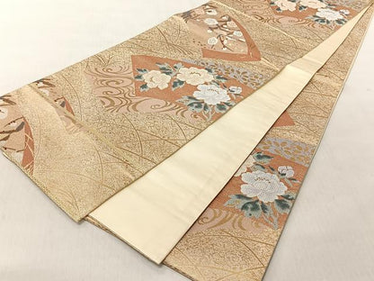 平和屋着物◎六通柄袋帯　地紙流水花文　金糸　正絹　逸品　CABJ6269yk