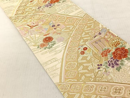 平和屋着物◎六通柄袋帯　唐織　九百錦　御所車花文　金糸　正絹　逸品　CABJ6271yk