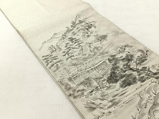 平和屋着物◎太鼓柄袋帯　作家物　綴れ　風景文　銀糸　正絹　逸品　CABJ6281yk