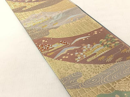 平和屋着物◎六通柄袋帯　松竹梅風景文　金銀糸　正絹　逸品　CABJ6283yk