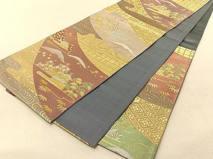 平和屋着物◎六通柄袋帯　松竹梅風景文　金銀糸　正絹　逸品　CABJ6283yk