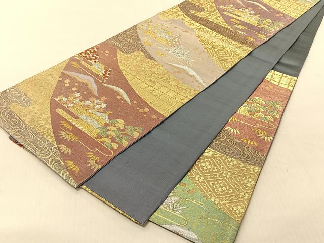 平和屋着物◎六通柄袋帯　松竹梅風景文　金銀糸　正絹　逸品　CABJ6283yk