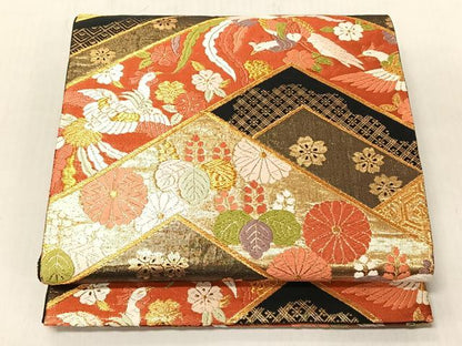 平和屋着物◎六通柄袋帯　唐織　鳳凰草花文　黒地　金糸　正絹　逸品　CABJ6286yk