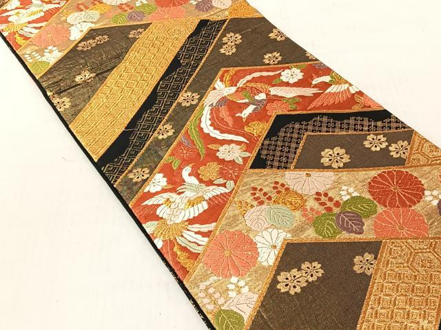 平和屋着物◎六通柄袋帯　唐織　鳳凰草花文　黒地　金糸　正絹　逸品　CABJ6286yk