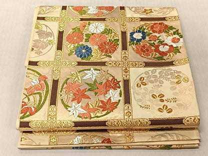 平和屋着物◎太鼓柄　本袋帯　唐織　格子草花丸文　金糸　正絹　逸品　CABJ6299yk