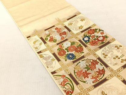 平和屋着物◎太鼓柄　本袋帯　唐織　格子草花丸文　金糸　正絹　逸品　CABJ6299yk