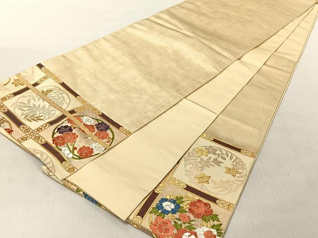 平和屋着物◎太鼓柄　本袋帯　唐織　格子草花丸文　金糸　正絹　逸品　CABJ6299yk