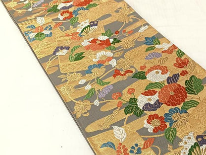 平和屋着物◎六通柄袋帯　花蝶唐草文　金糸　正絹　逸品　CABJ6318yk