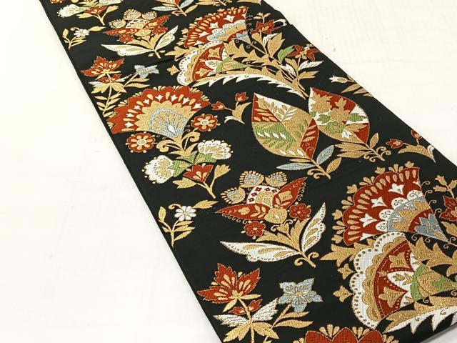 平和屋着物◎六通柄　本袋帯　更紗花文　黒地　金銀糸　正絹　逸品　CABJ6330yk