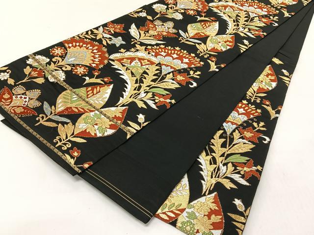 平和屋着物◎六通柄　本袋帯　更紗花文　黒地　金銀糸　正絹　逸品　CABJ6330yk