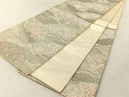 平和屋着物◎六通柄袋帯　唐織　地紙花文　九百錦　プラチナ箔　正絹　逸品　CABJ6338yk