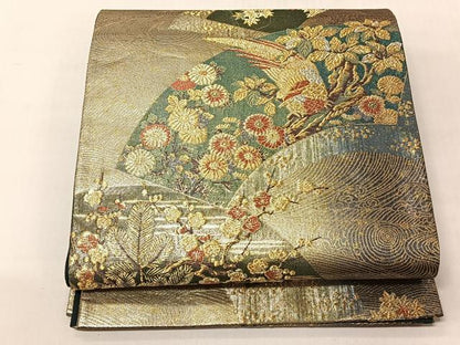 平和屋着物◎六通柄袋帯　聚花春秋　扇面花鳥文　金銀糸　正絹　逸品　CABJ6341yk