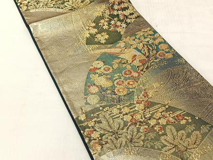 平和屋着物◎六通柄袋帯　聚花春秋　扇面花鳥文　金銀糸　正絹　逸品　CABJ6341yk