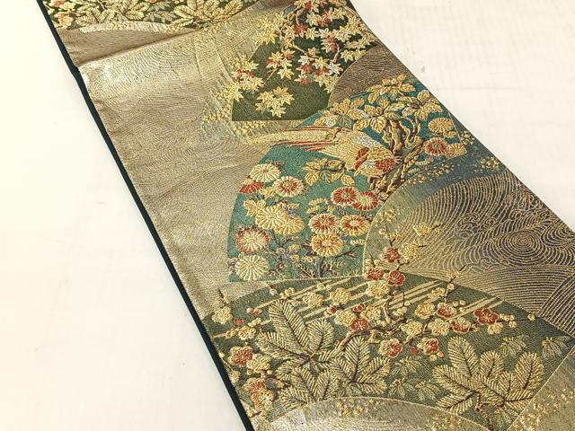 平和屋着物◎六通柄袋帯　聚花春秋　扇面花鳥文　金銀糸　正絹　逸品　CABJ6341yk