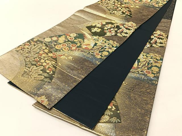 平和屋着物◎六通柄袋帯　聚花春秋　扇面花鳥文　金銀糸　正絹　逸品　CABJ6341yk