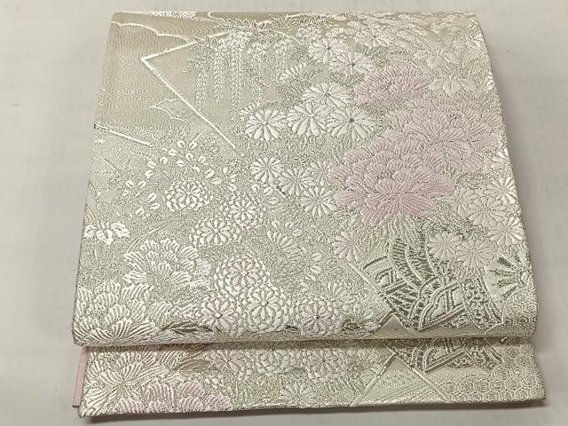 平和屋着物◎六通柄袋帯　吉祥流水花調文　銀糸　正絹　逸品　CABJ6343yk