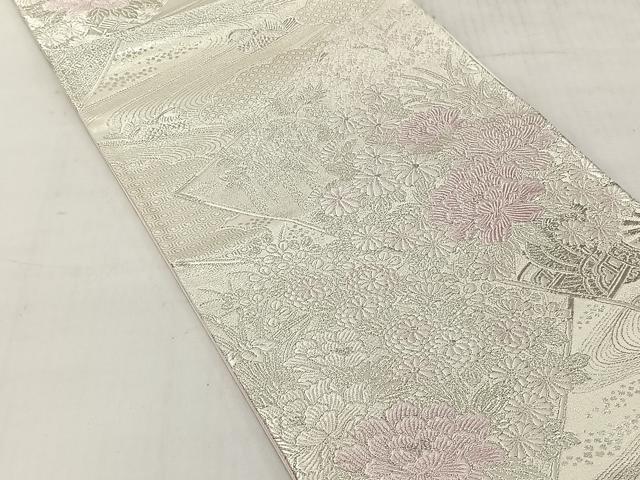 平和屋着物◎六通柄袋帯　吉祥流水花調文　銀糸　正絹　逸品　CABJ6343yk