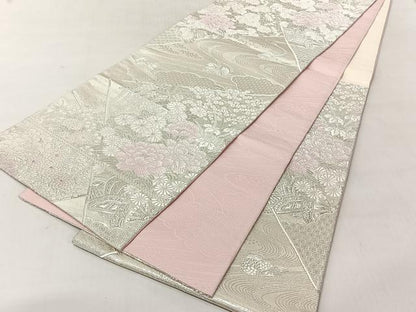 平和屋着物◎六通柄袋帯　吉祥流水花調文　銀糸　正絹　逸品　CABJ6343yk