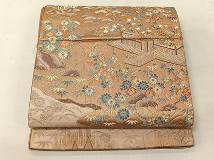 平和屋着物◎六通柄袋帯　風景草花文　金糸　正絹　逸品　CABJ6344yk