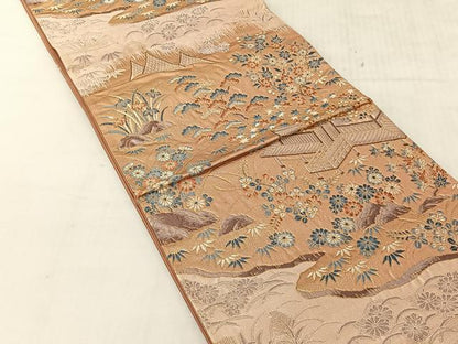 平和屋着物◎六通柄袋帯　風景草花文　金糸　正絹　逸品　CABJ6344yk
