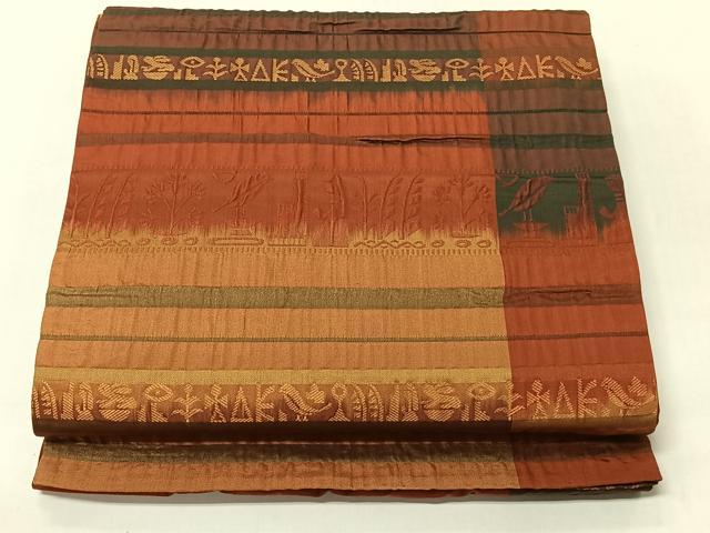 平和屋着物◎全通柄袋帯　ふくれ織　人物幾何学文　正絹　逸品　CABJ6358yk