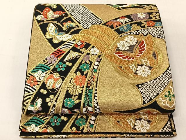 平和屋着物◎六通柄袋帯　束ね熨斗飛鶴宝尽し花文　黒地　金糸　正絹　逸品　CABJ6368yk