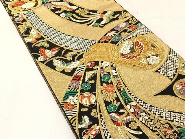 平和屋着物◎六通柄袋帯　束ね熨斗飛鶴宝尽し花文　黒地　金糸　正絹　逸品　CABJ6368yk