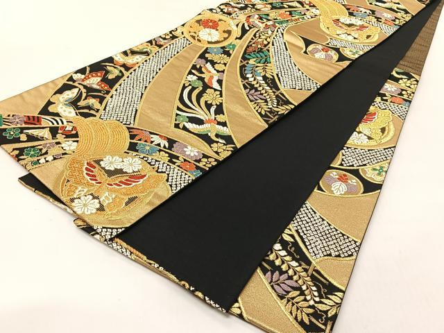 平和屋着物◎六通柄袋帯　束ね熨斗飛鶴宝尽し花文　黒地　金糸　正絹　逸品　CABJ6368yk