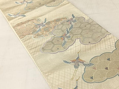 平和屋着物◎六通柄袋帯　雲重ね飛鶴草花文　プラチナ箔二重織　九百錦　正絹　逸品　CABJ6386yk