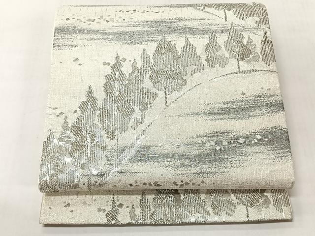 平和屋着物◎六通柄袋帯　綴れ　遠山草木文　銀糸　正絹　逸品　未使用　CABJ6398yk